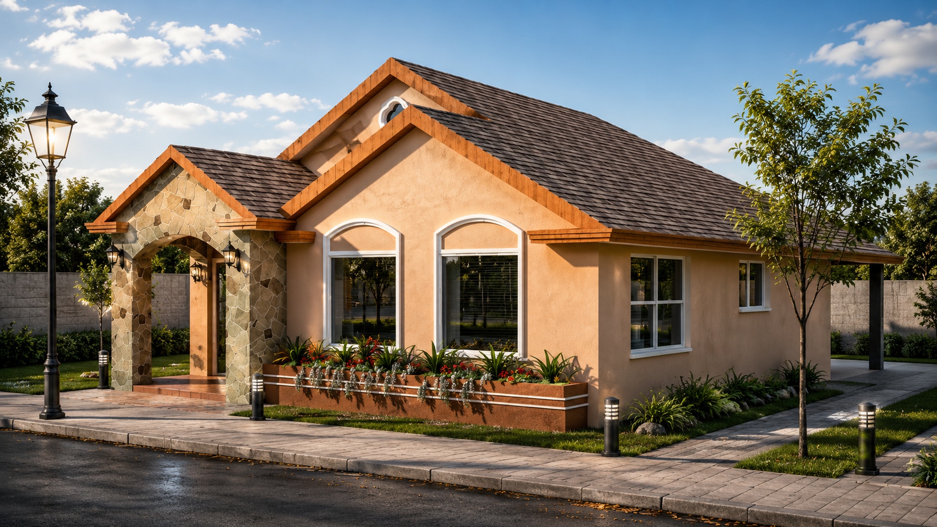 Render de casa habitación con techo a dos aguas, acceso en arco de piedra y jardín
