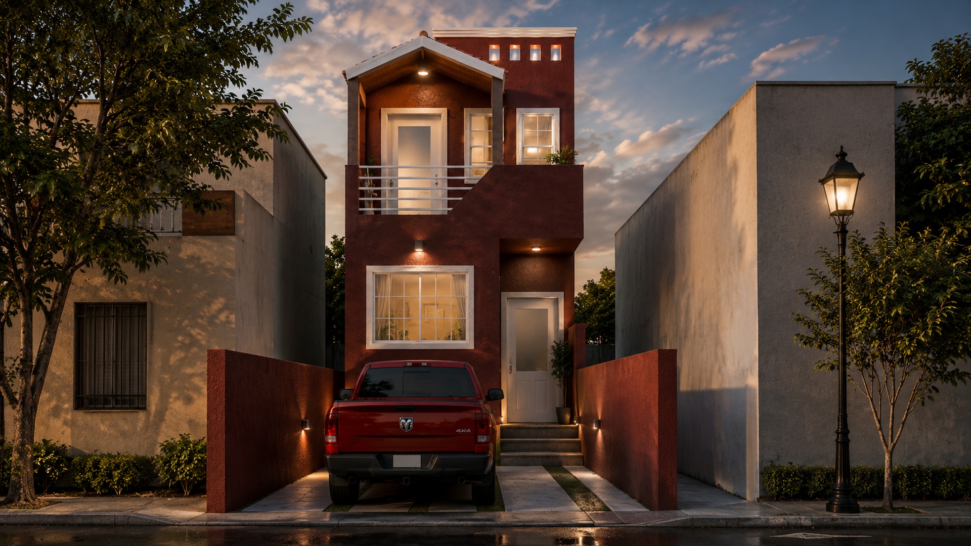 Render de casa habitación de tres niveles en terreno estrecho con cochera — proyecto coordinado por ACACIA