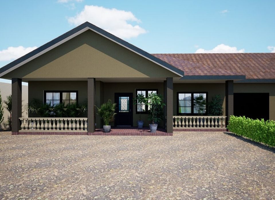 Render de casa habitación de estilo tradicional con pórtico