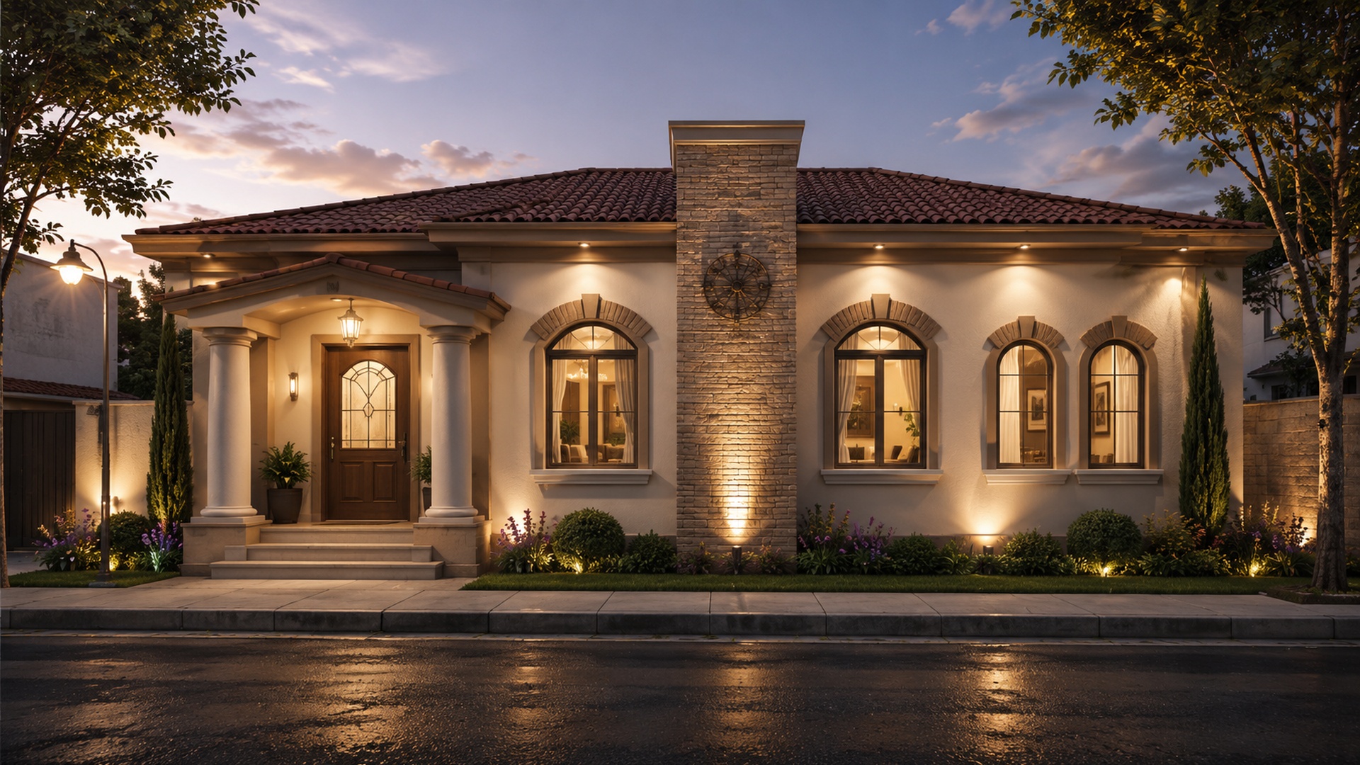 Render de casa habitación de una planta estilo clásico iluminada al atardecer