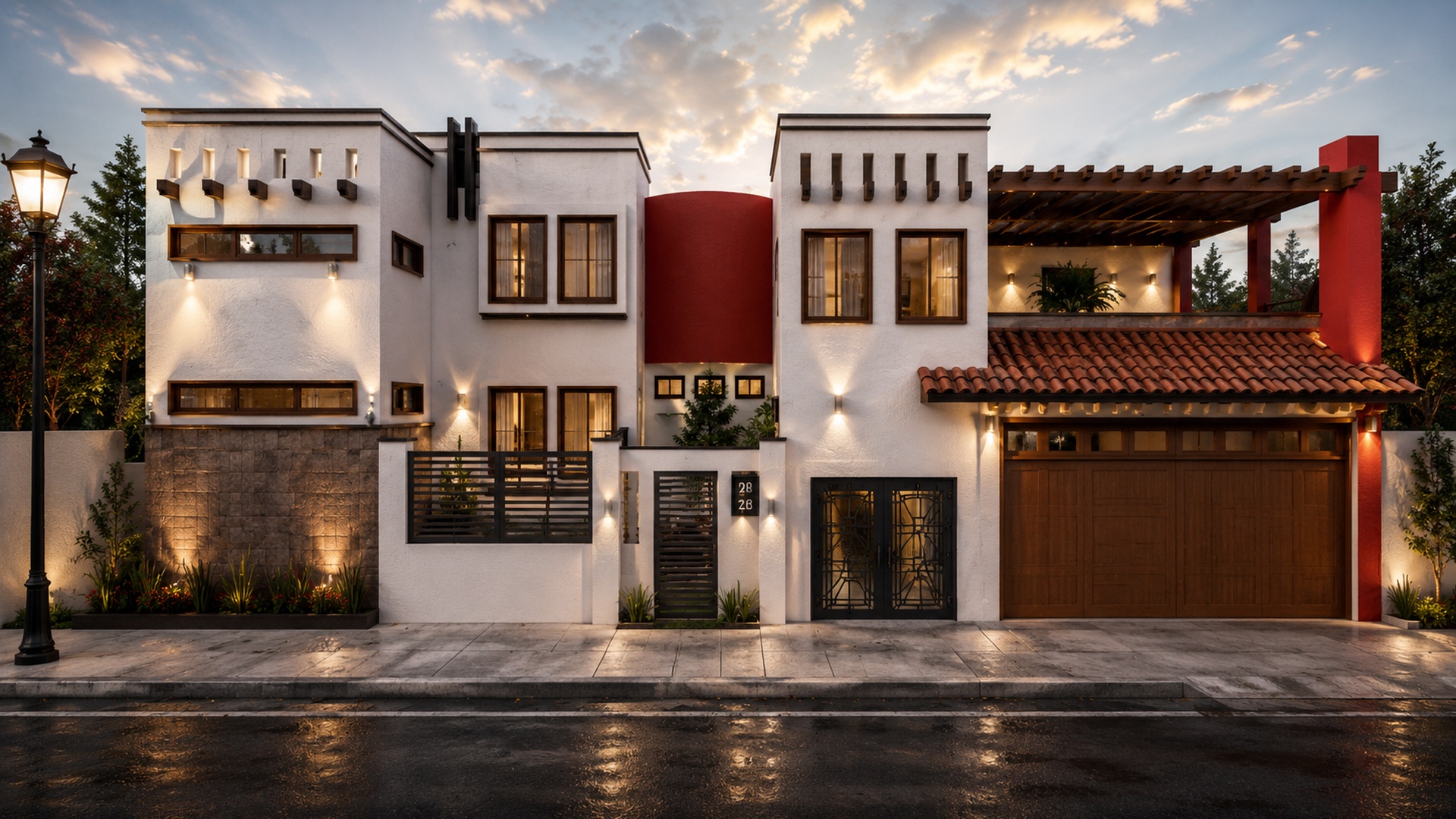 Render de residencia de dos plantas con pérgola y cochera