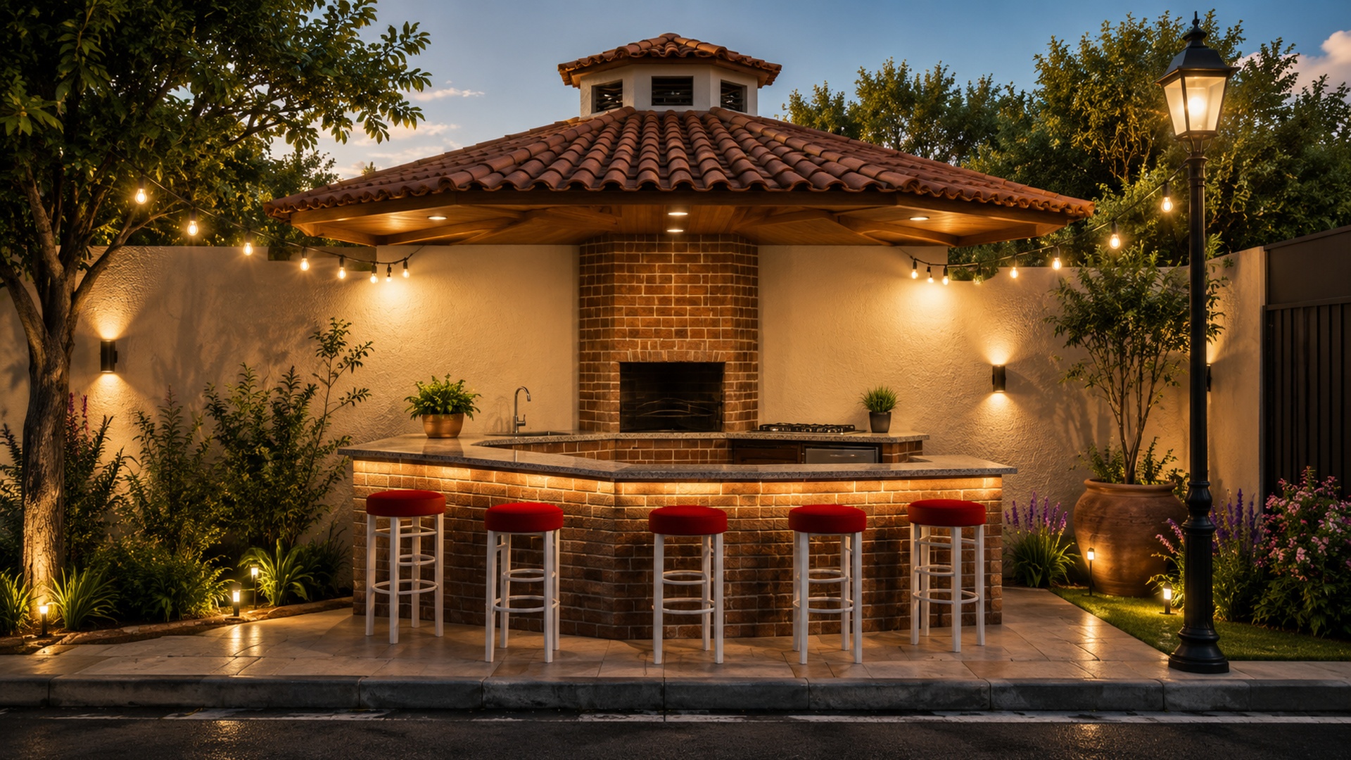 Render de área exterior de asador y bar con palapa iluminada