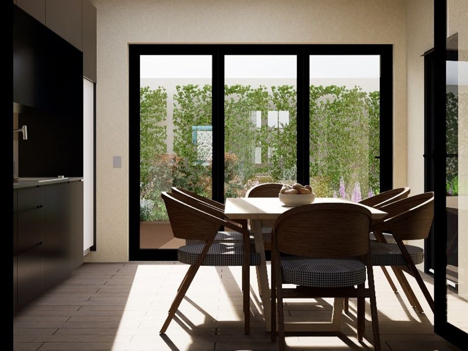 Render de comedor con ventanal a patio interior