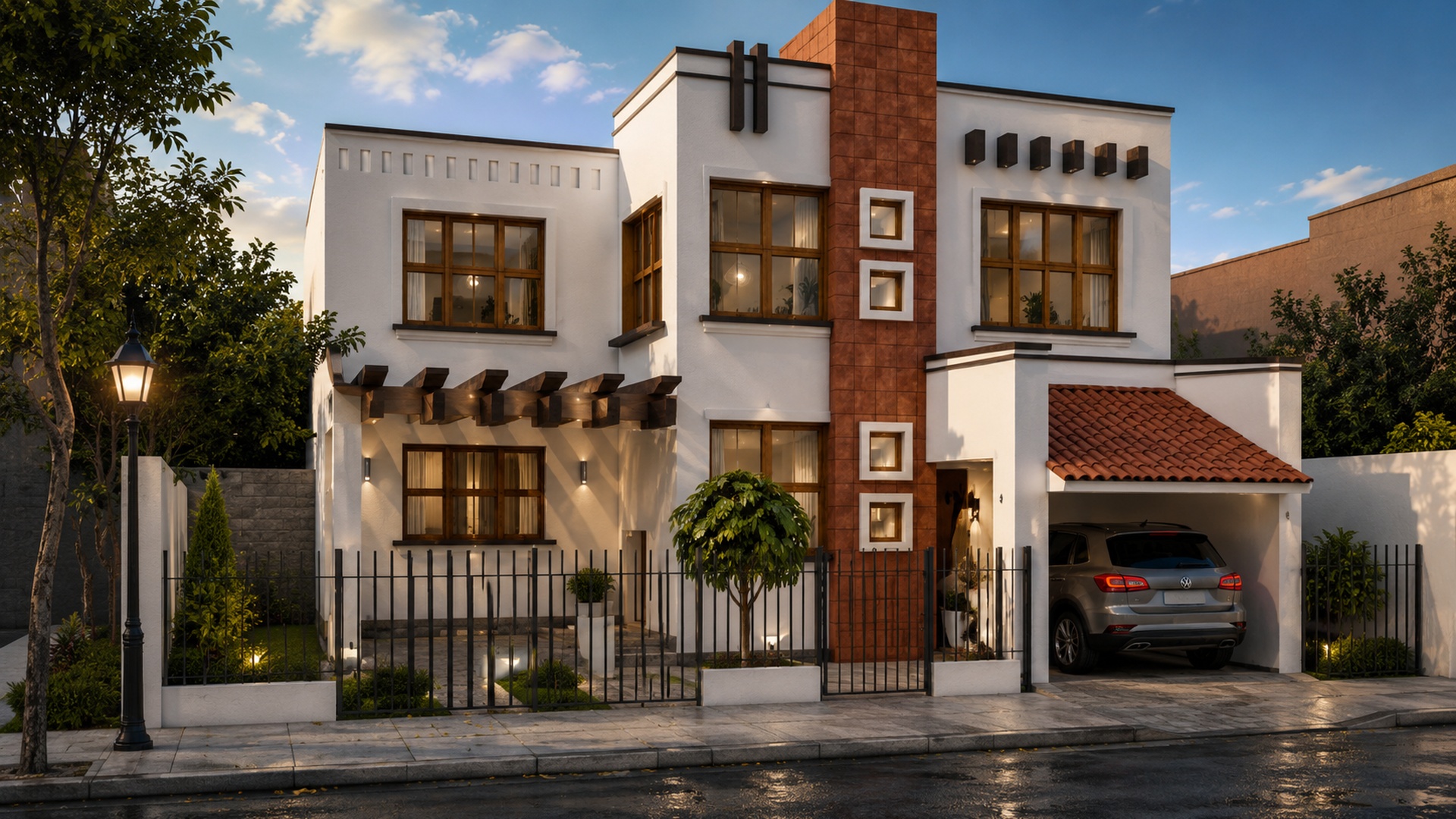 Render de residencia contemporánea de dos plantas con detalle en ladrillo y cochera