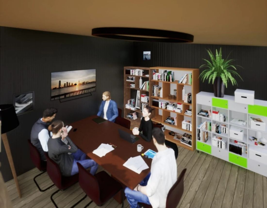 Render de remodelación de oficinas — sala de juntas