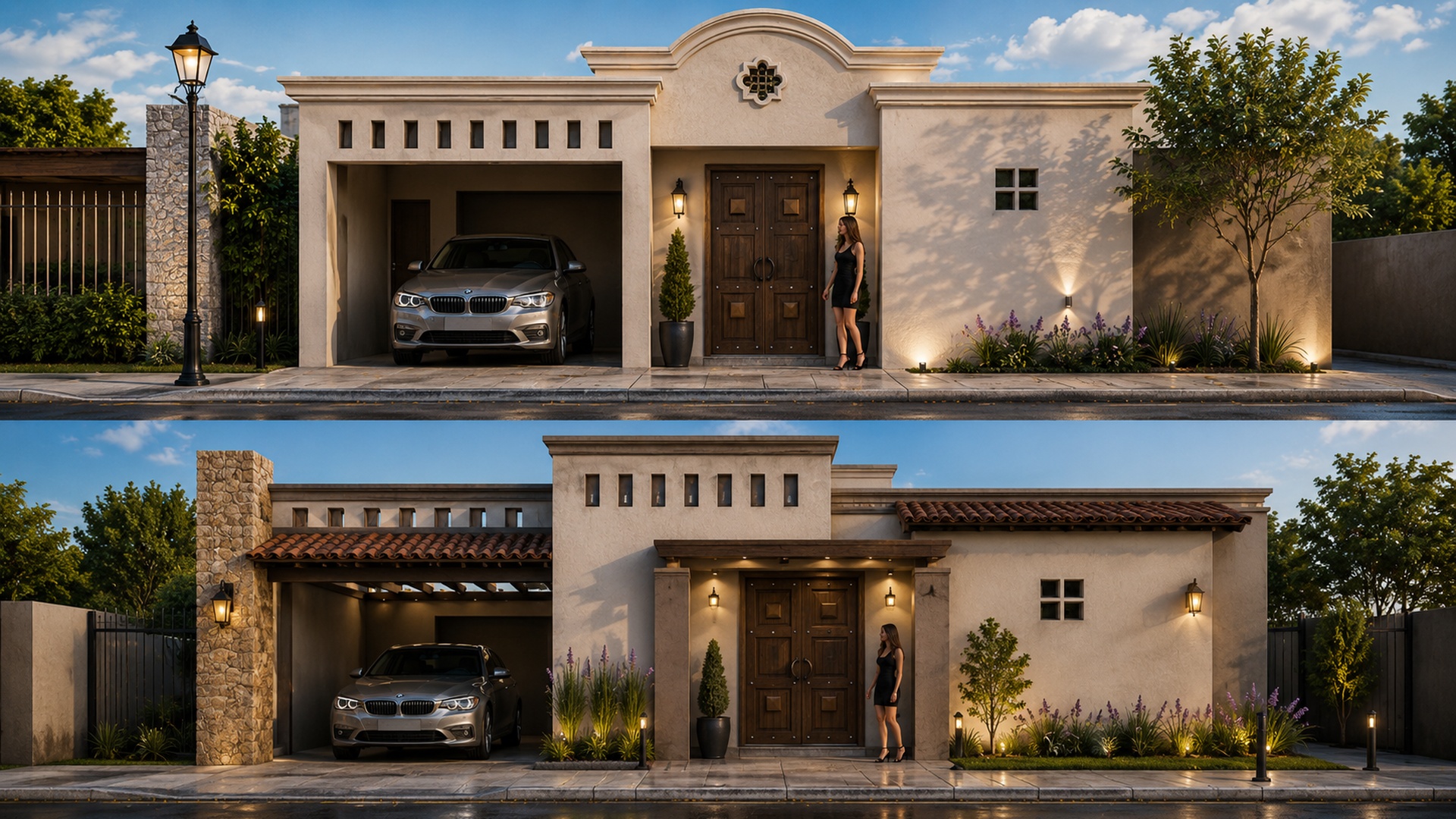 Render de casa habitación con acceso en arco y cochera techada