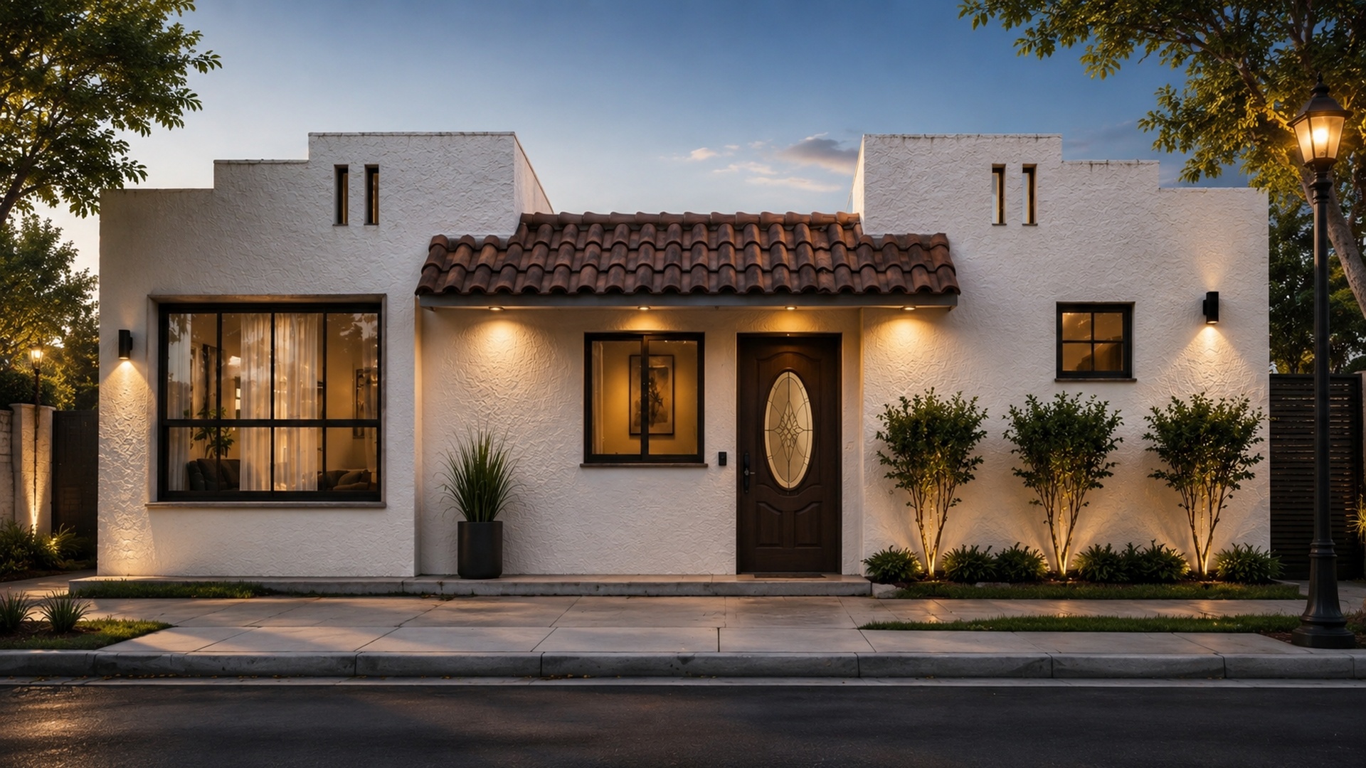Render de fachada minimalista de una planta con acabados blancos al atardecer